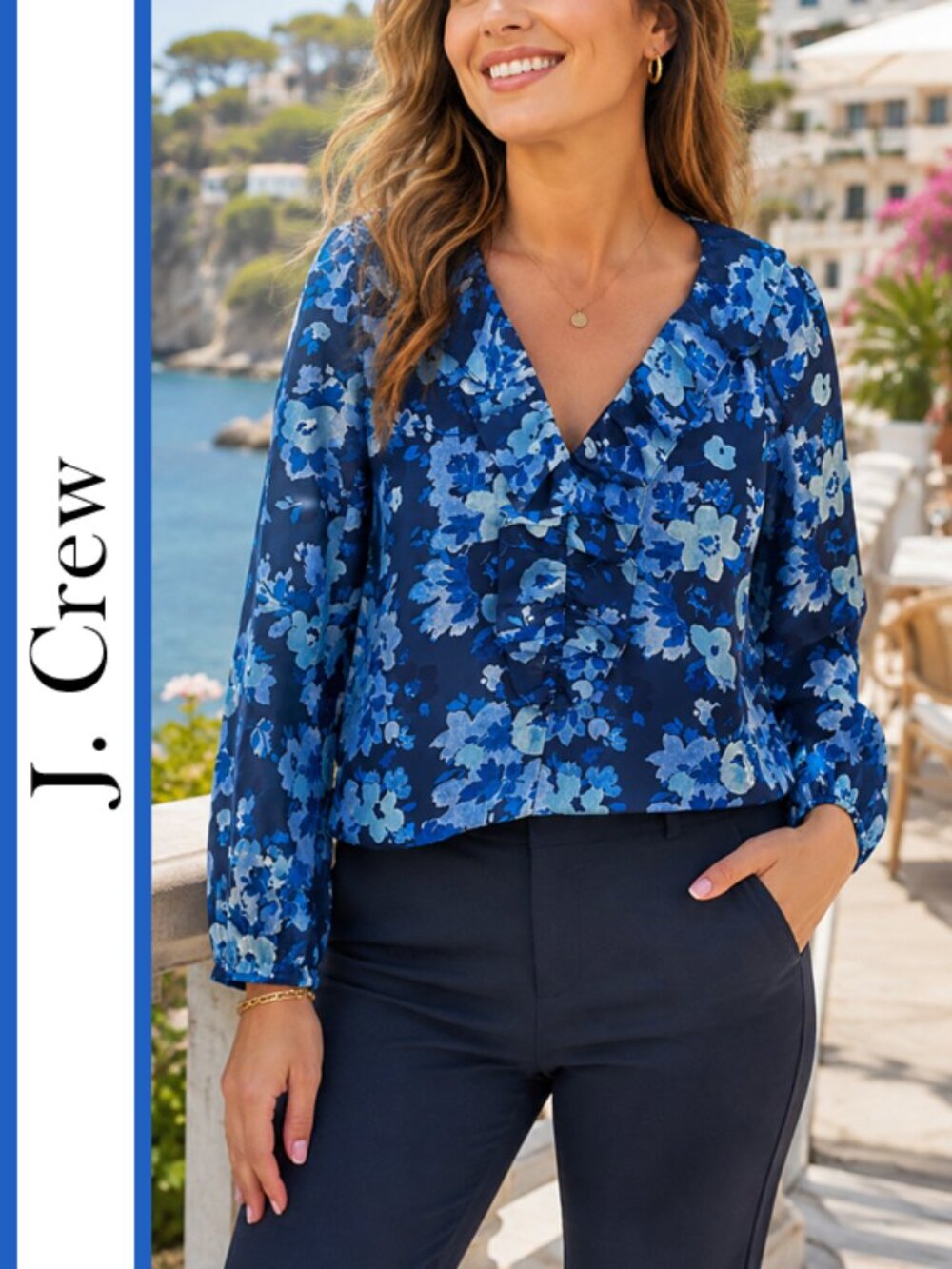 J. Crew | Watercolor Floral Ruffle Neckline Blouse